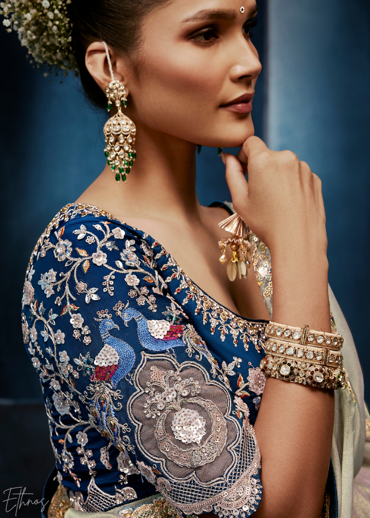 Platinum Grey Tambour Embroidered Border Tissue Saree