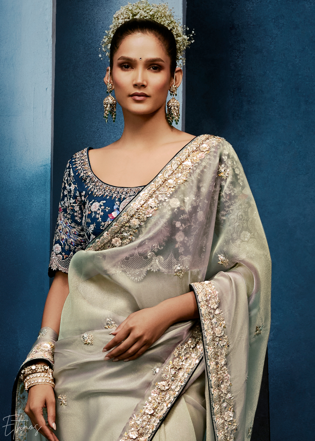 Platinum Grey Tambour Embroidered Border Tissue Saree