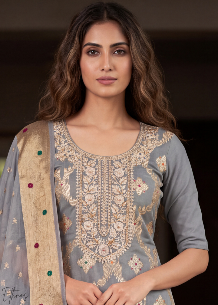 Platinum Grey Geometric Tile Banarasi Cotton Pant Suit