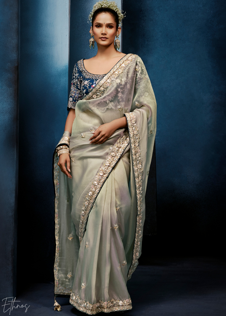 Platinum Grey Tambour Embroidered Border Tissue Saree
