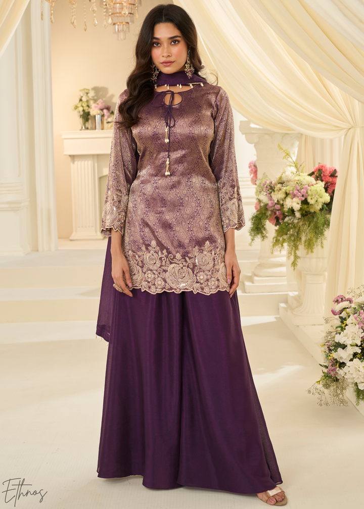 Plum Floral Embroidered Jacquard Silk Suit
