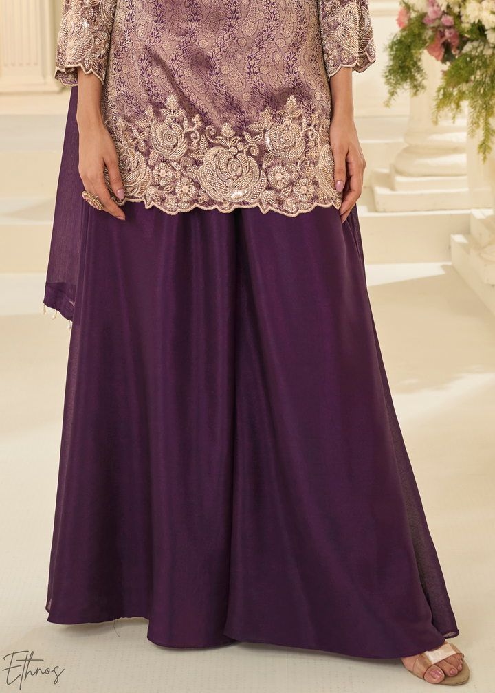 Plum Floral Embroidered Jacquard Silk Suit