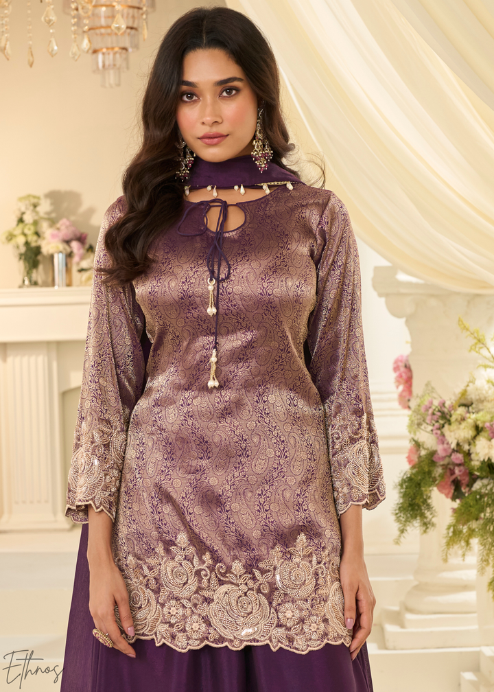 Plum Floral Embroidered Jacquard Silk Suit