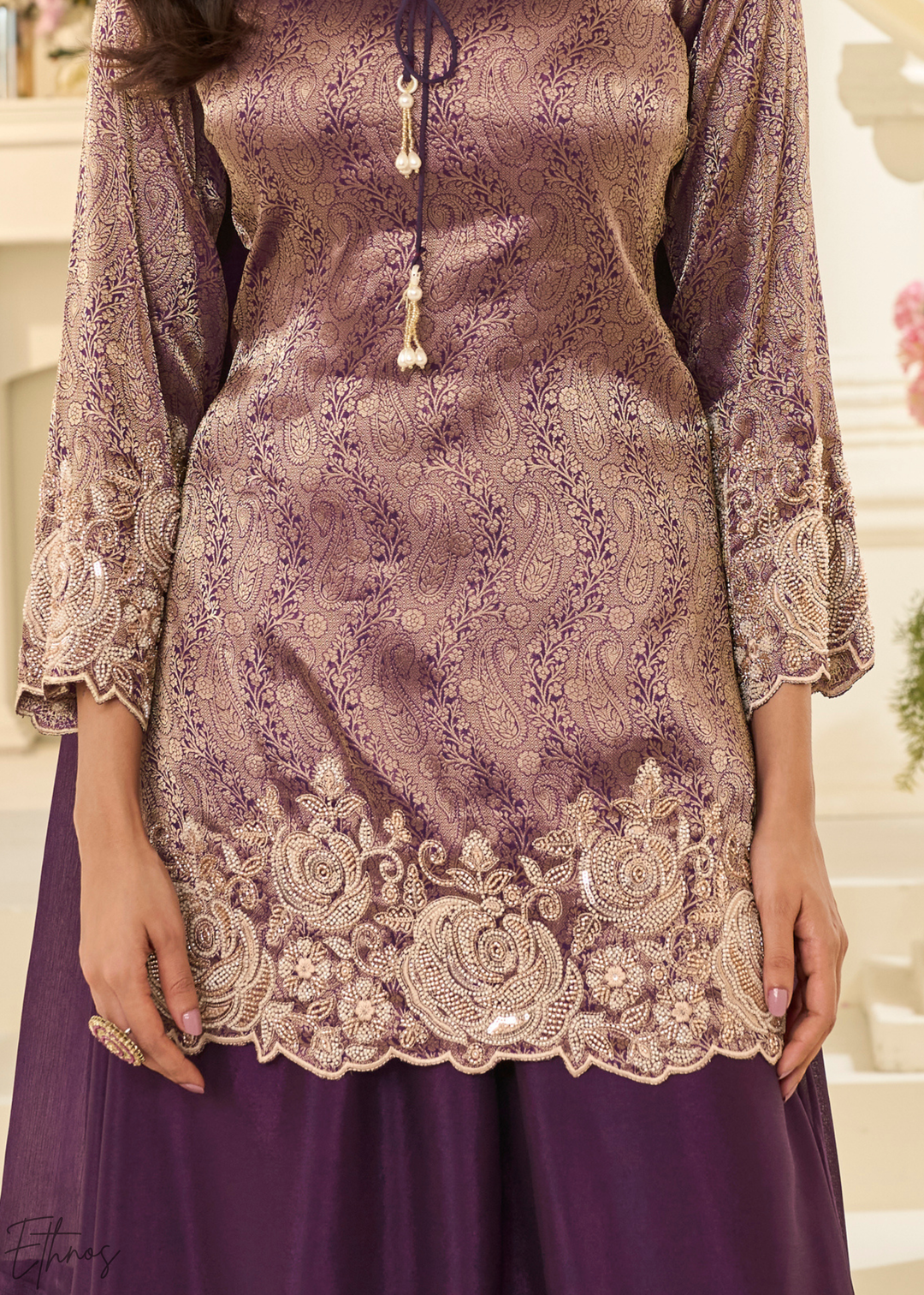 Plum Floral Embroidered Jacquard Silk Suit