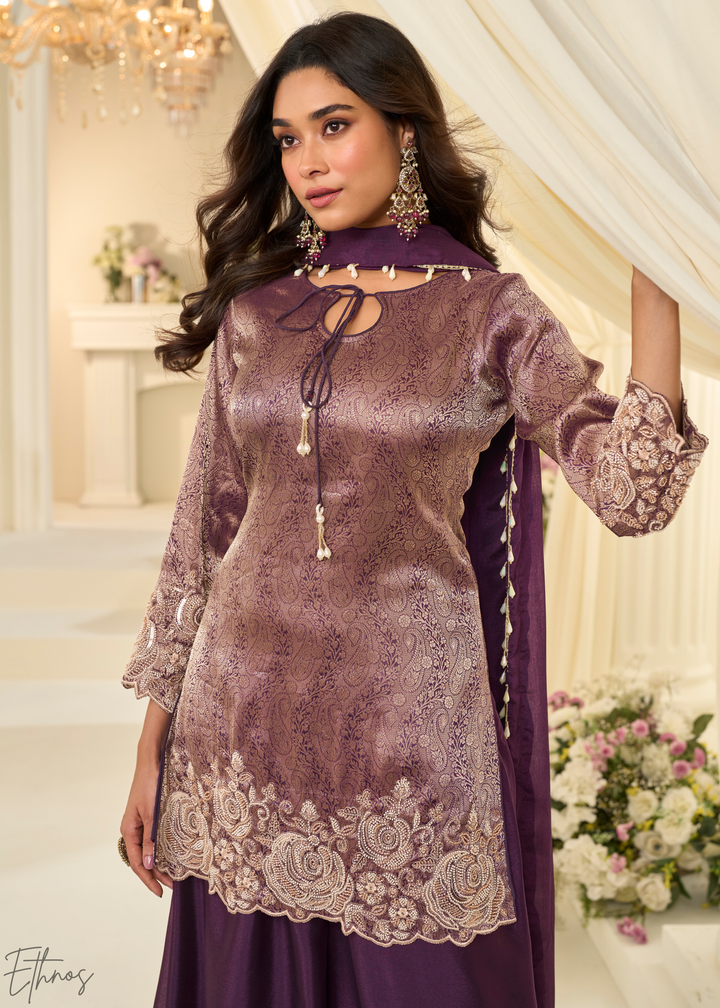 Plum Floral Embroidered Jacquard Silk Suit
