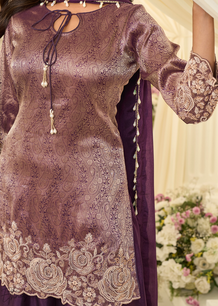Plum Floral Embroidered Jacquard Silk Suit