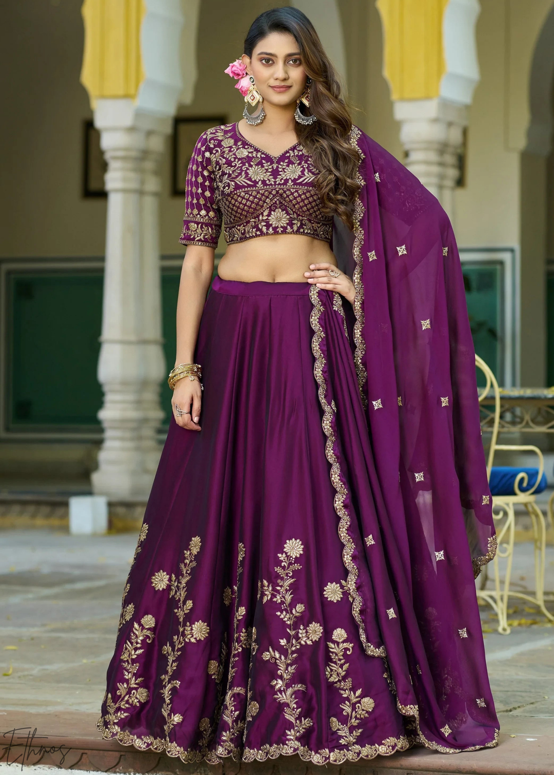 Plum Floret Zari Rangoli Silk Lehenga