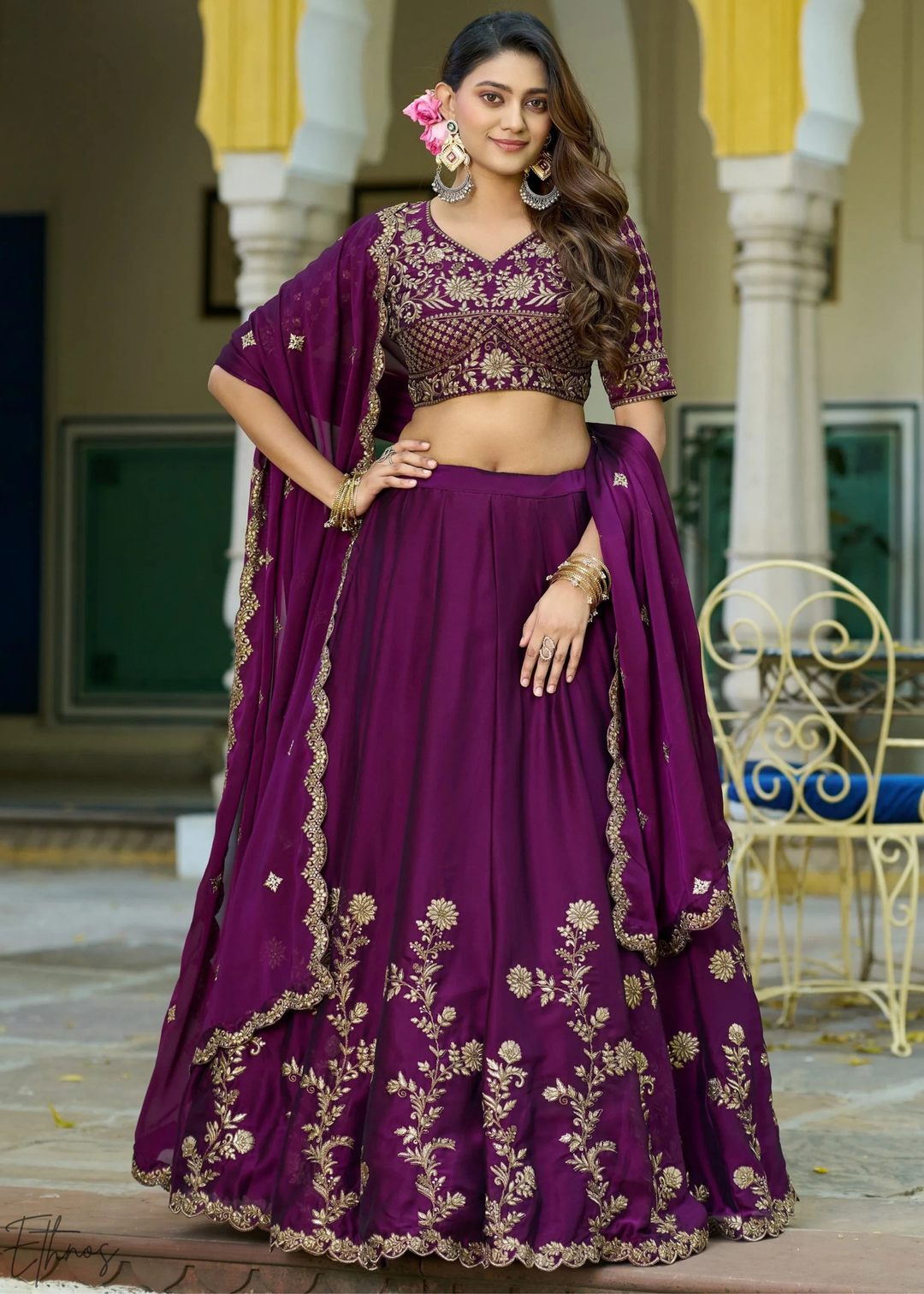Plum Floret Zari Rangoli Silk Lehenga