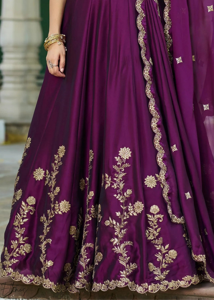 Plum Floret Zari Rangoli Silk Lehenga