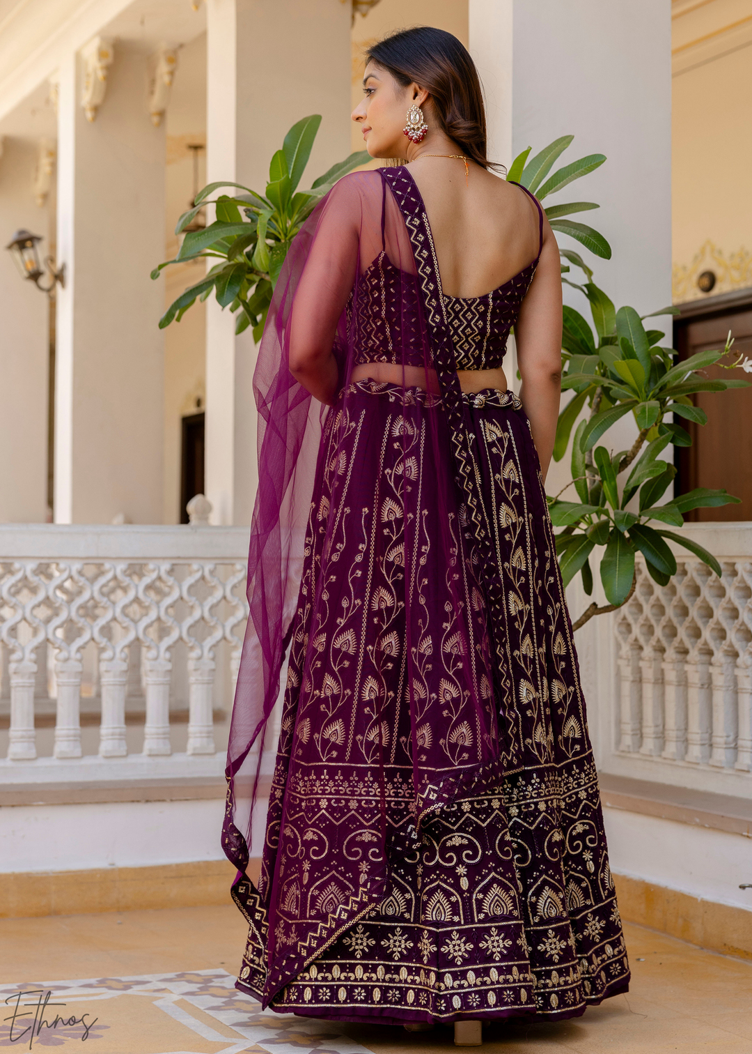 Plum Geometric Embroidered Georgette Lehenga