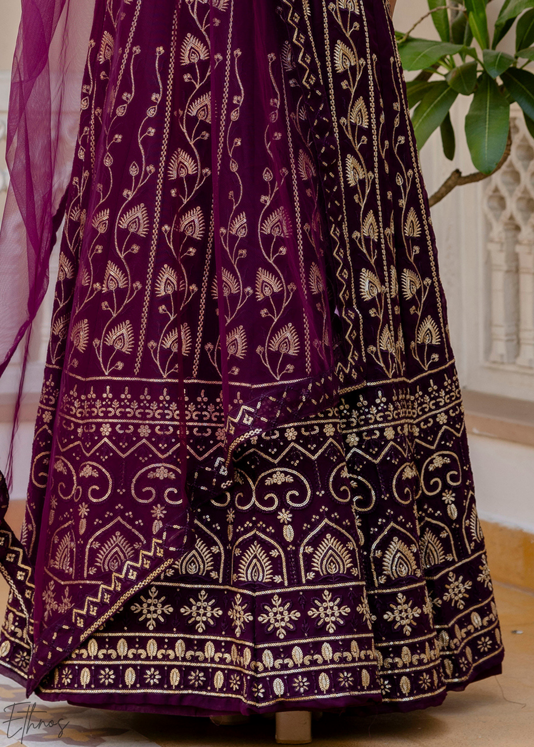 Plum Geometric Embroidered Georgette Lehenga