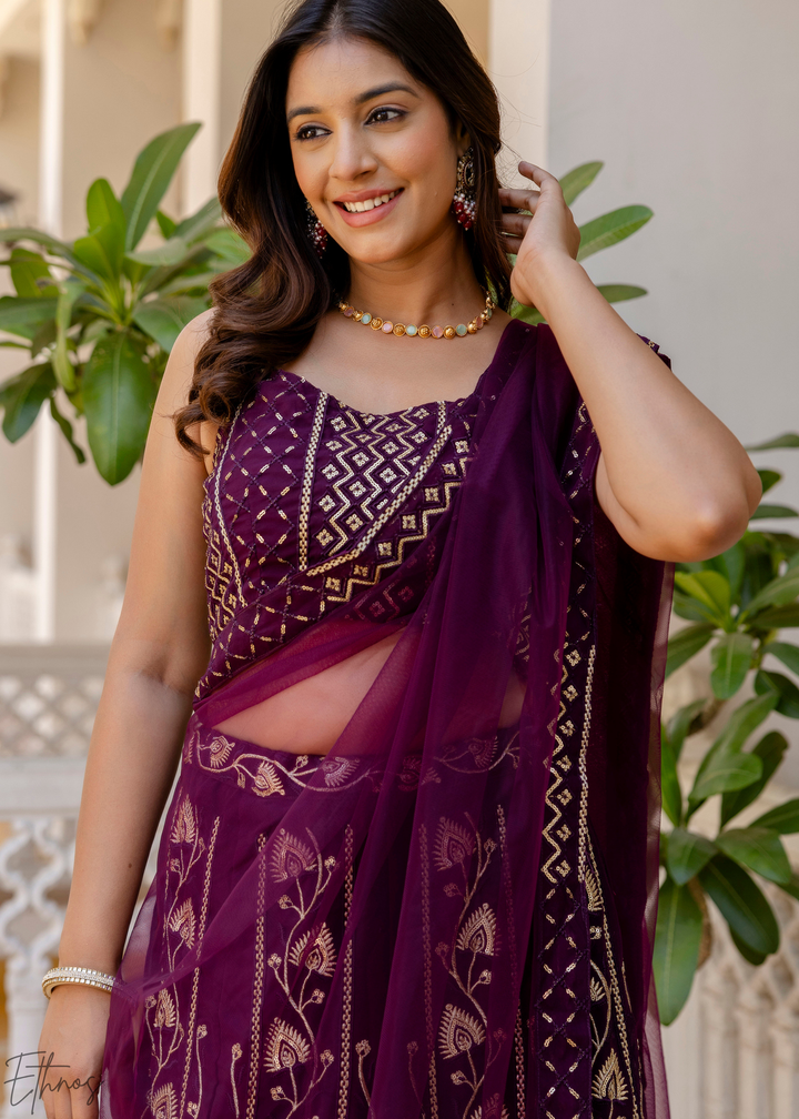 Plum Geometric Embroidered Georgette Lehenga