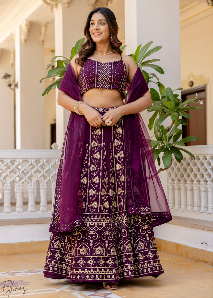 Plum Geometric Embroidered Georgette Lehenga