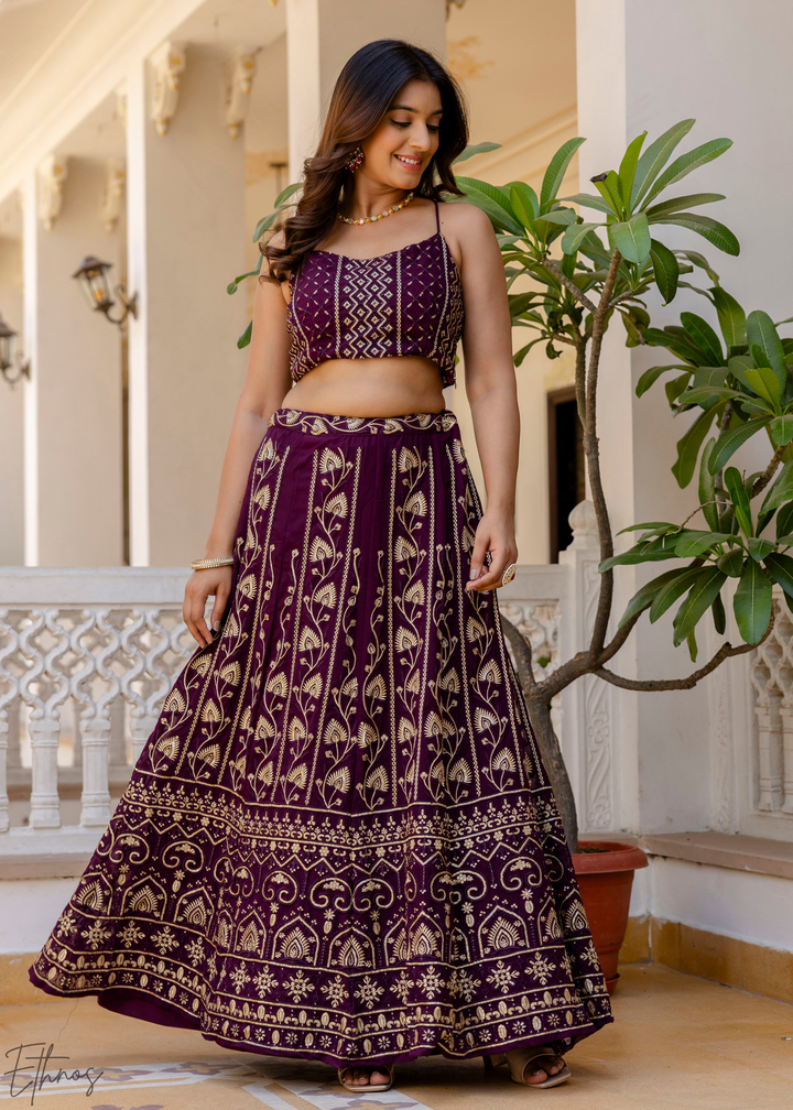Plum Geometric Embroidered Georgette Lehenga