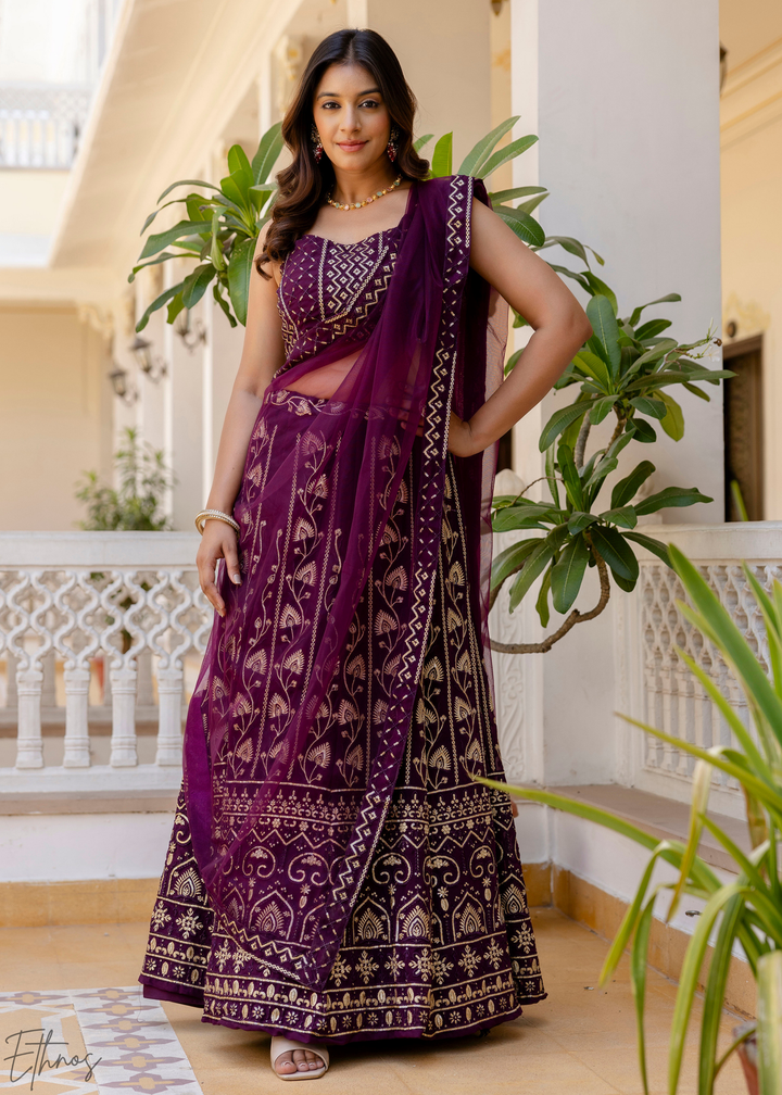 Plum Geometric Embroidered Georgette Lehenga