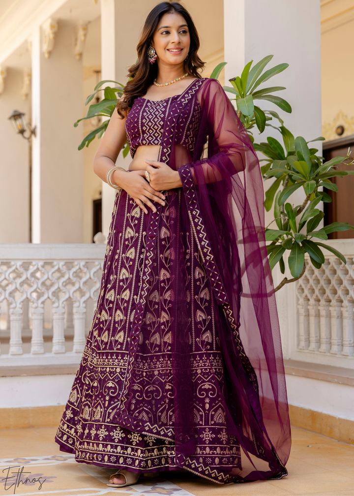 Plum Geometric Embroidered Georgette Lehenga