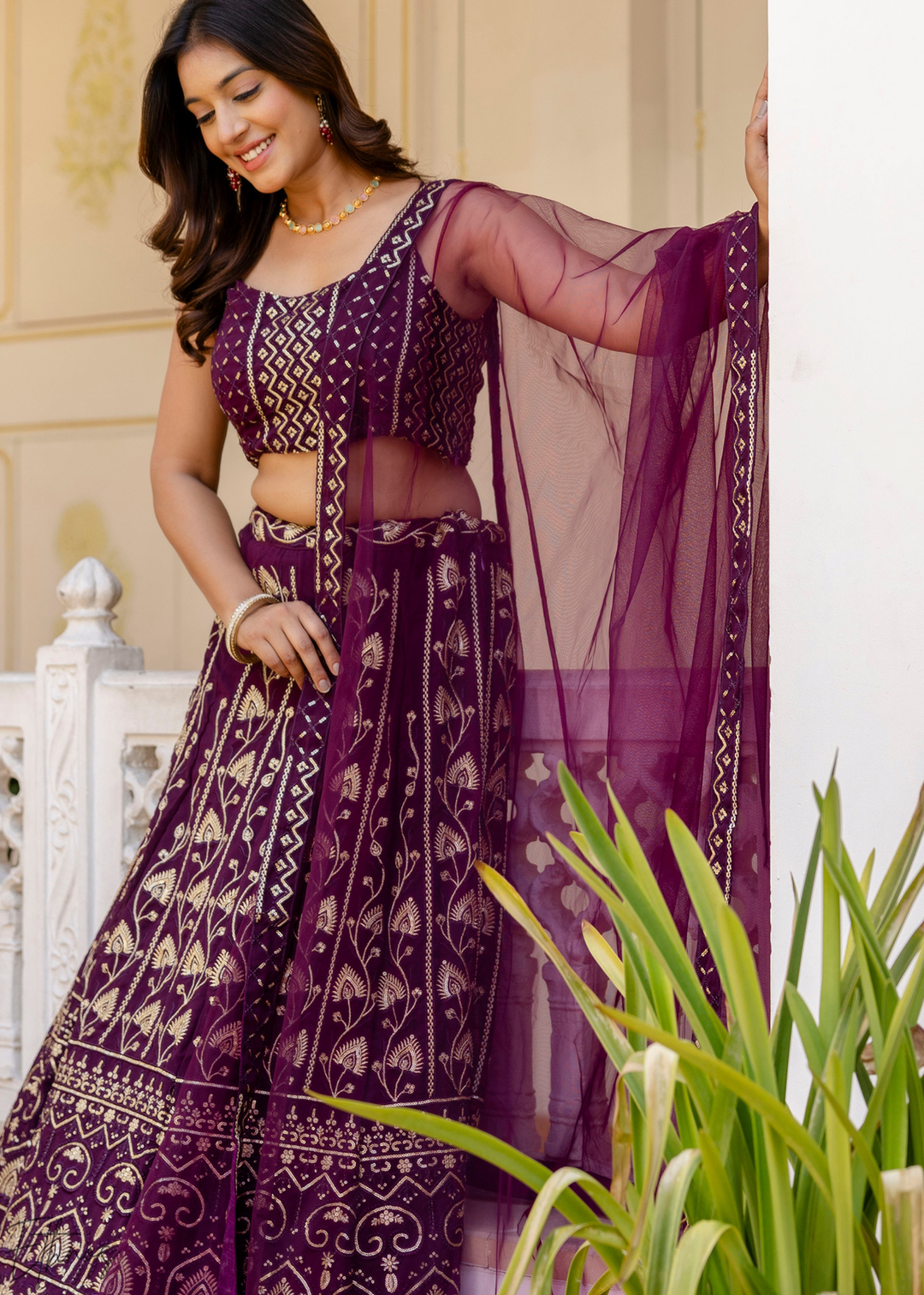 Plum Geometric Embroidered Georgette Lehenga