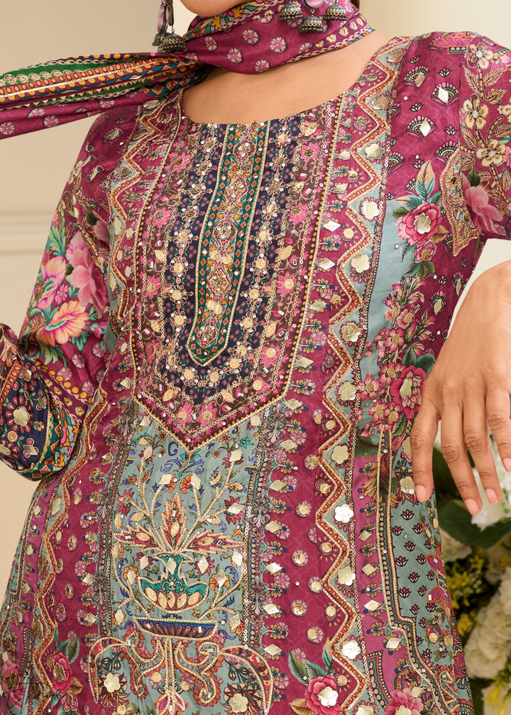 Plum Geometric Mosaic Crepe Silk Flared Tunic Palazzo Suit