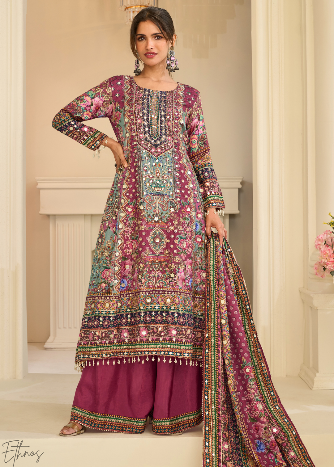 Plum Geometric Mosaic Crepe Silk Flared Tunic Palazzo Suit