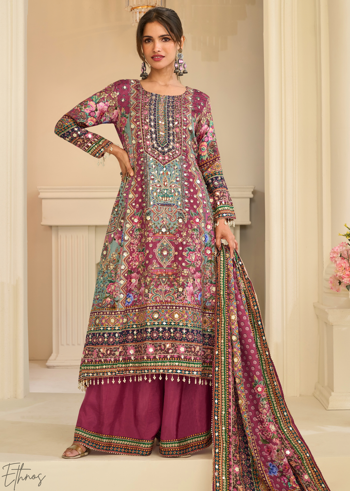 Plum Geometric Mosaic Crepe Silk Flared Tunic Palazzo Suit