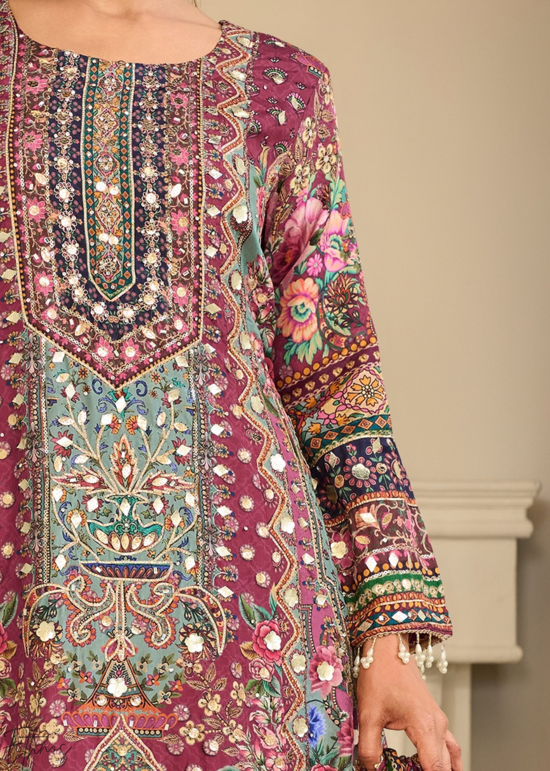 Plum Geometric Mosaic Crepe Silk Flared Tunic Palazzo Suit
