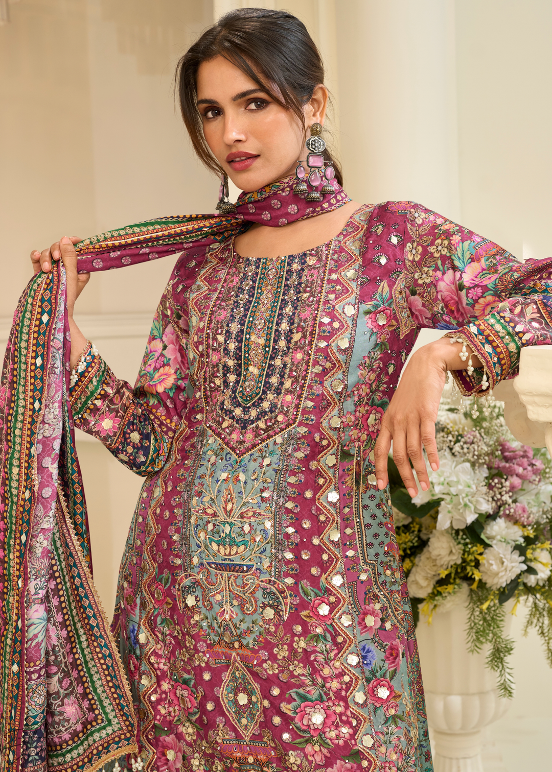 Plum Geometric Mosaic Crepe Silk Flared Tunic Palazzo Suit