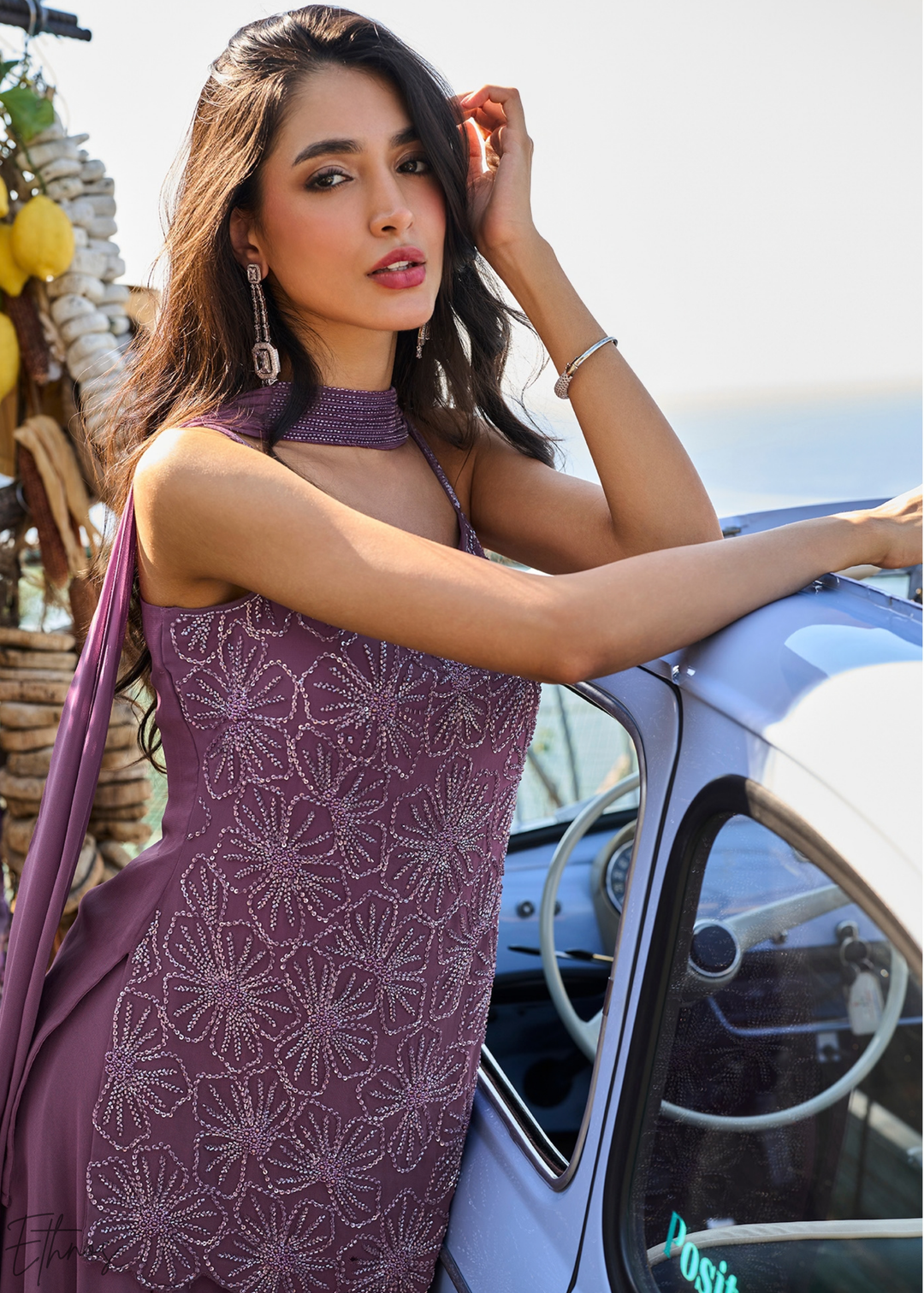 Plum Lattice Medallion Georgette Sharara Suit