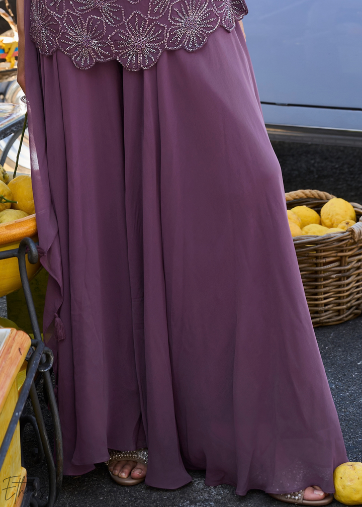 Plum Lattice Medallion Georgette Sharara Suit