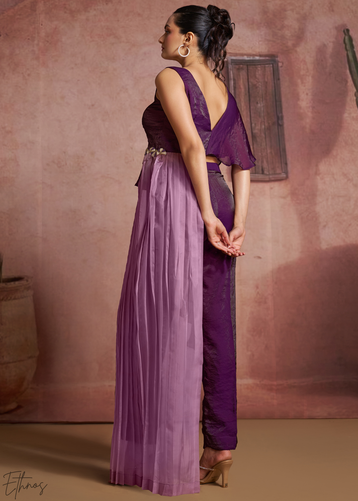 Plum Purple Asymmetric Draped Overlay Jumpsuit Set