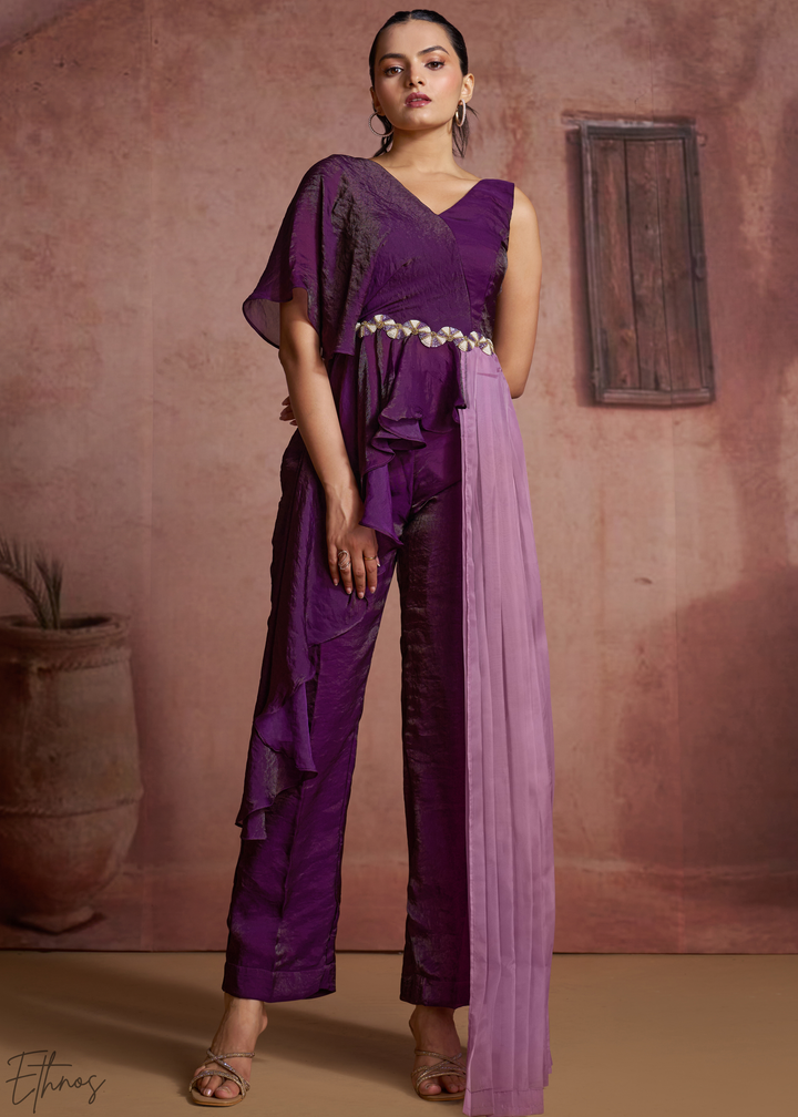 Plum Purple Asymmetric Draped Overlay Jumpsuit Set