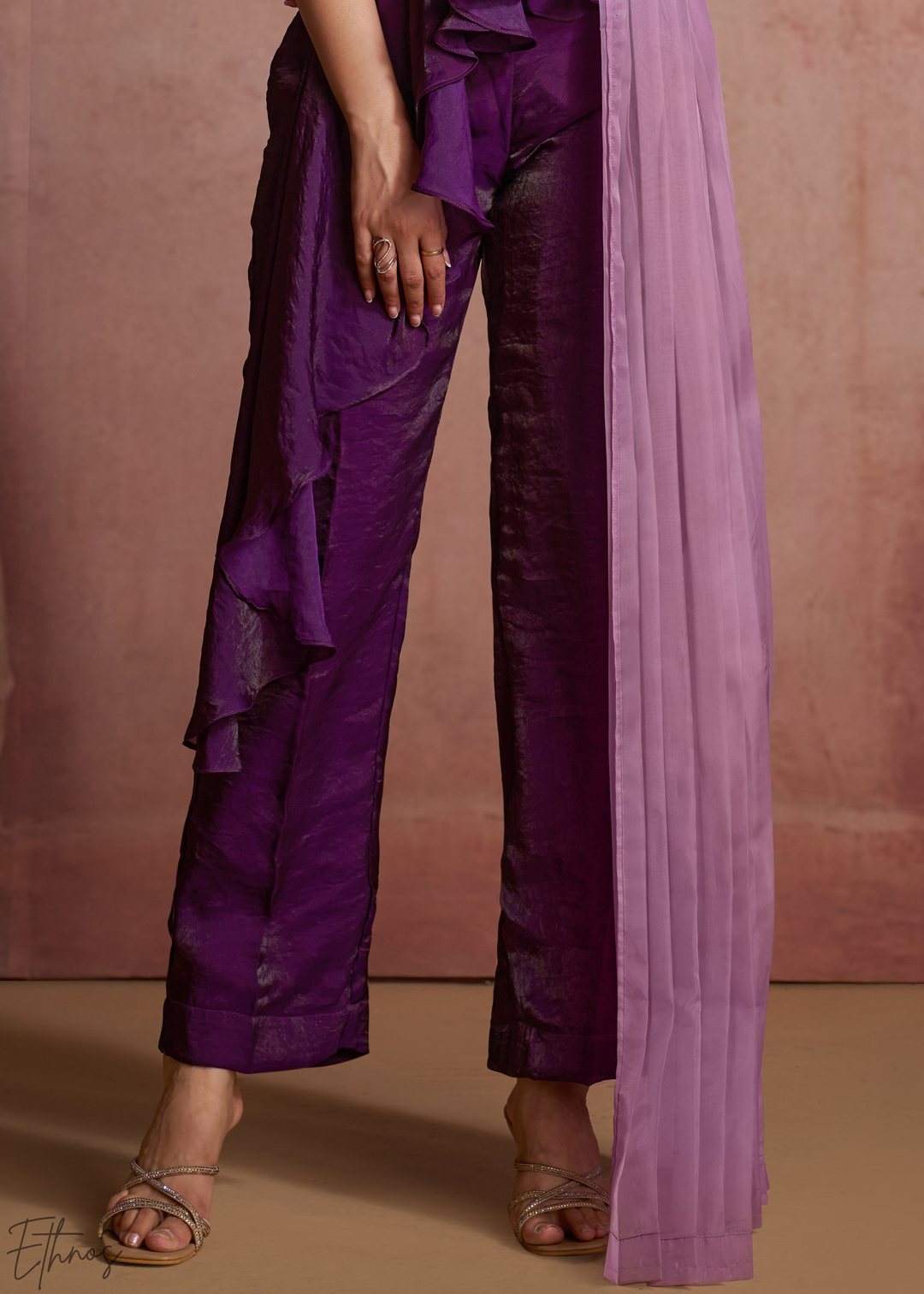 Plum Purple Asymmetric Draped Overlay Jumpsuit Set