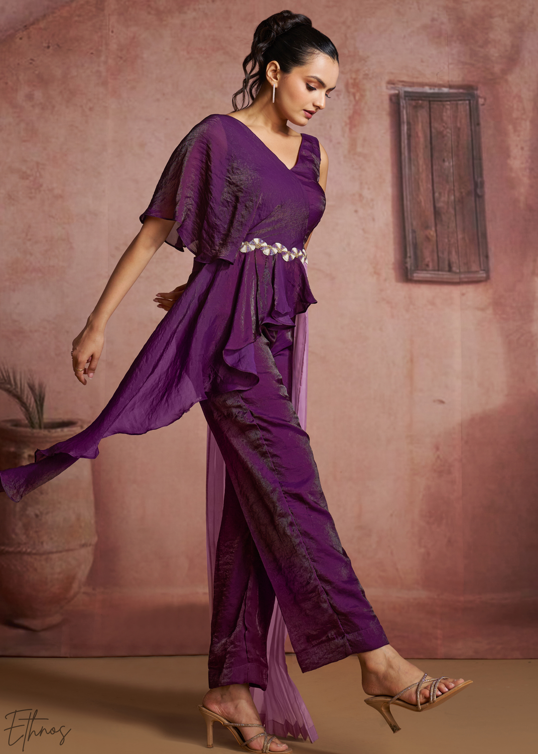 Plum Purple Asymmetric Draped Overlay Jumpsuit Set