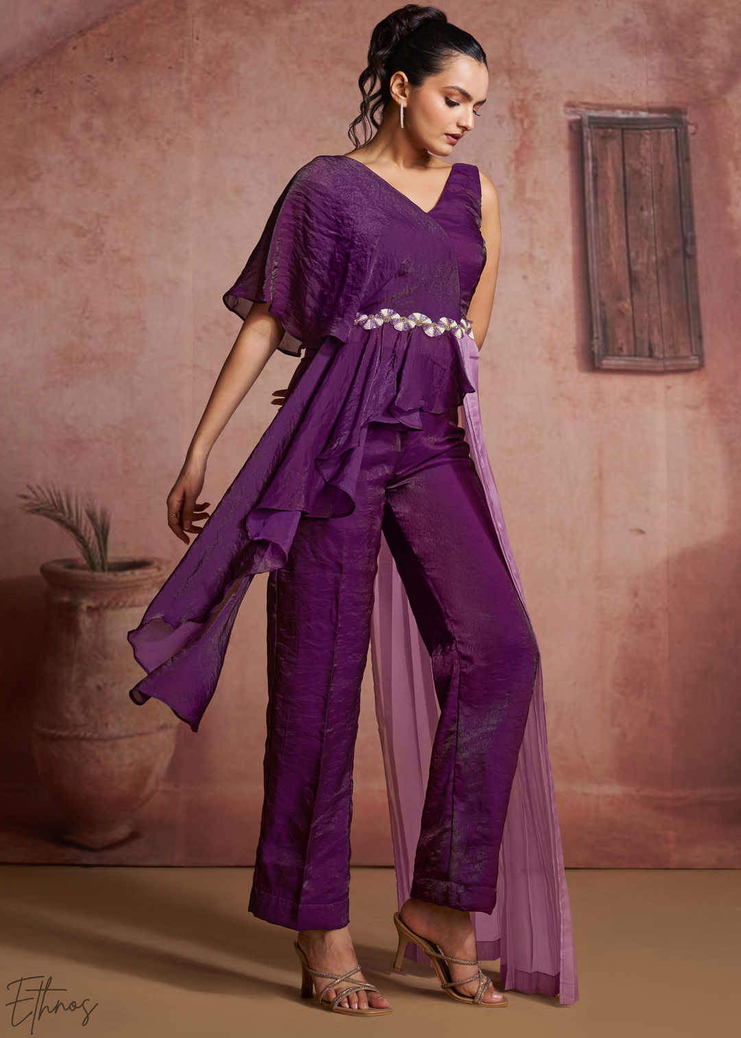 Plum Purple Asymmetric Draped Overlay Jumpsuit Set