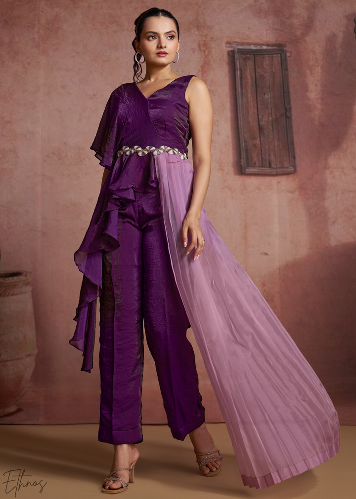 Plum Purple Asymmetric Draped Overlay Jumpsuit Set