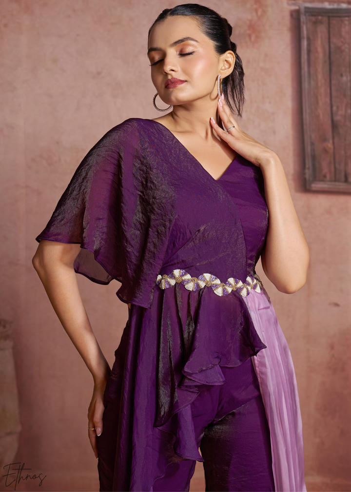Plum Purple Asymmetric Draped Overlay Jumpsuit Set