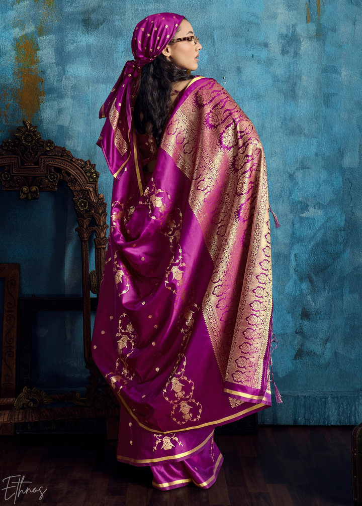 Plum Floral Brocade Satin Silk Saree