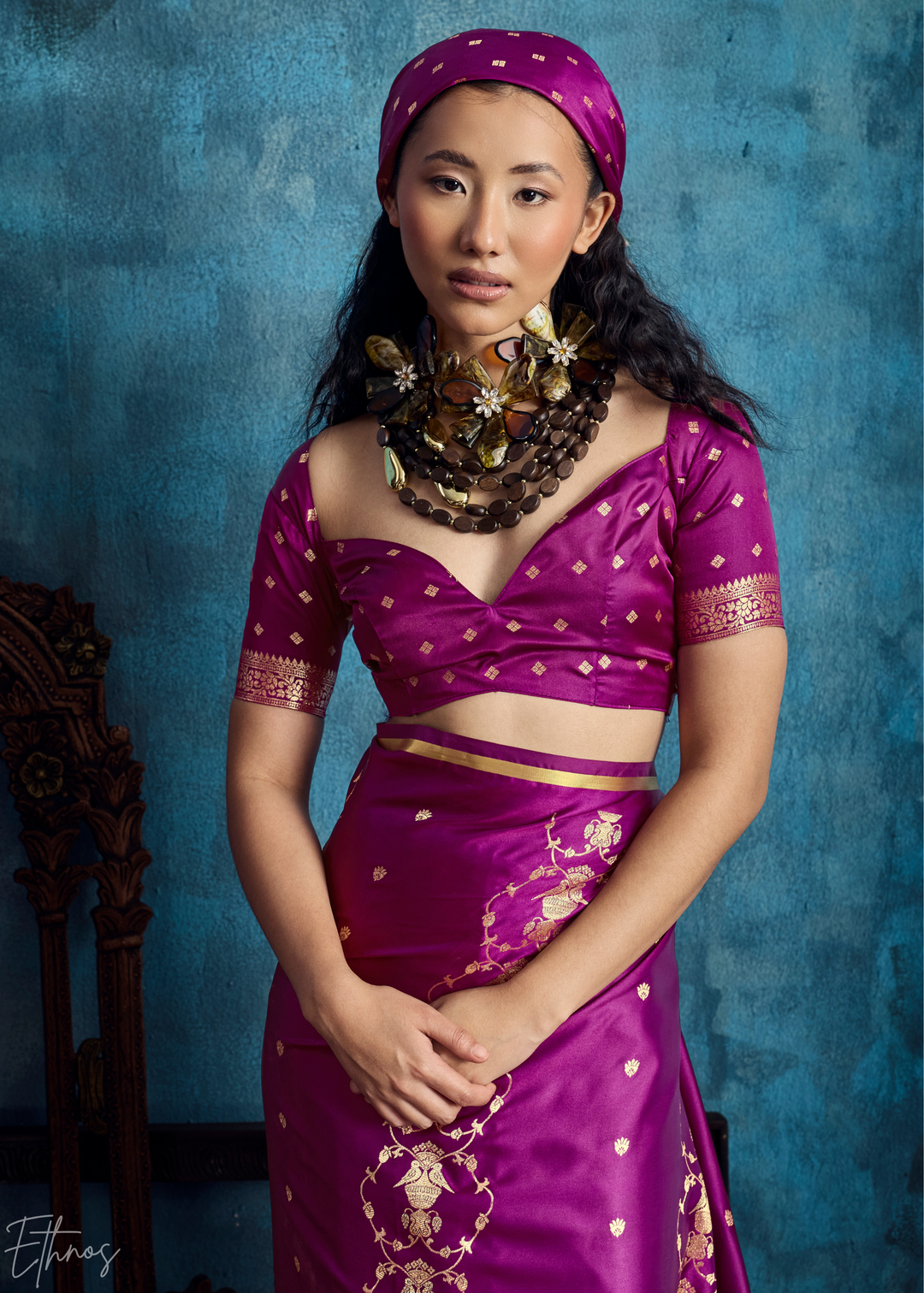 Plum Floral Brocade Satin Silk Saree