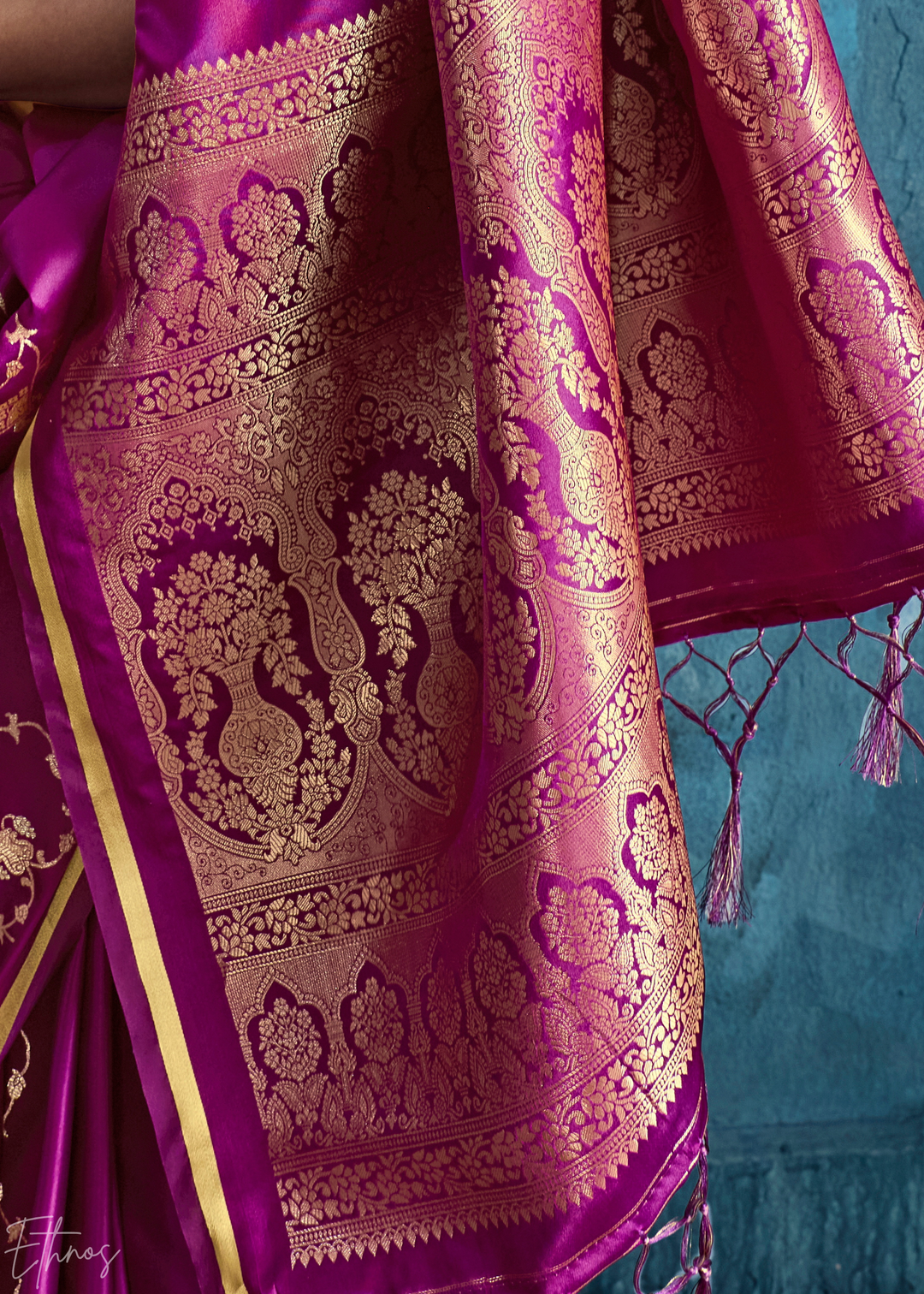 Plum Floral Brocade Satin Silk Saree
