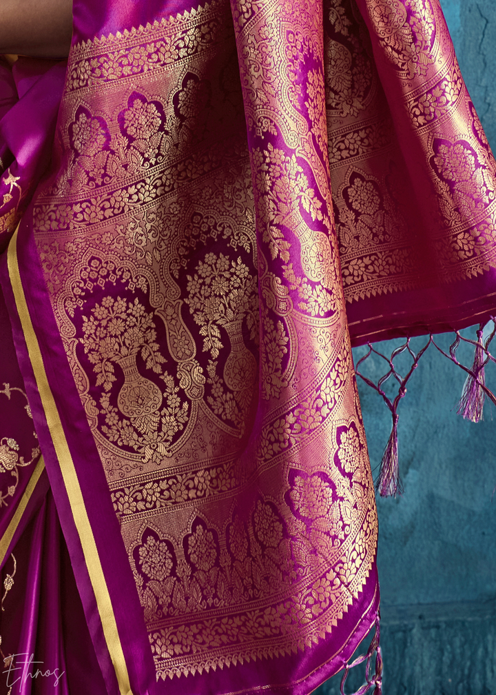 Plum Floral Brocade Satin Silk Saree