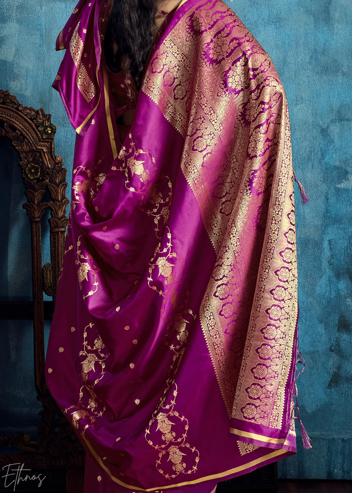Plum Floral Brocade Satin Silk Saree