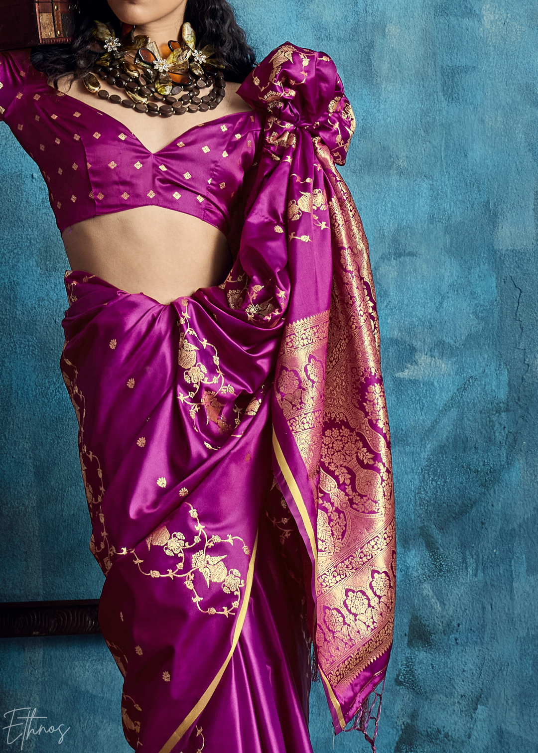 Plum Floral Brocade Satin Silk Saree