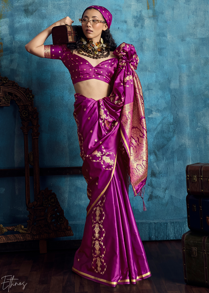 Plum Floral Brocade Satin Silk Saree