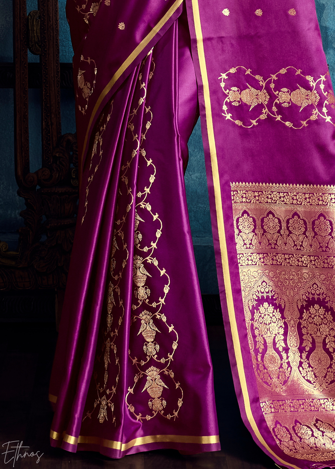 Plum Floral Brocade Satin Silk Saree