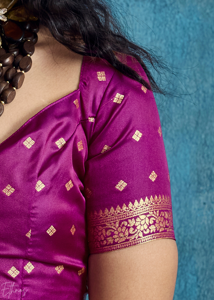 Plum Floral Brocade Satin Silk Saree