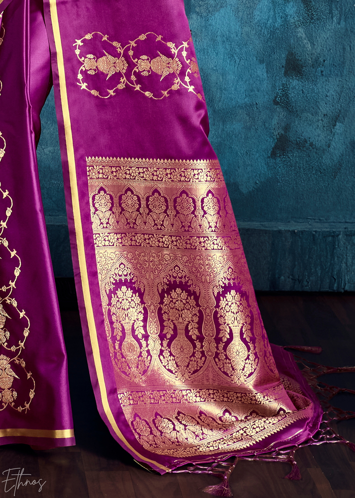 Plum Floral Brocade Satin Silk Saree