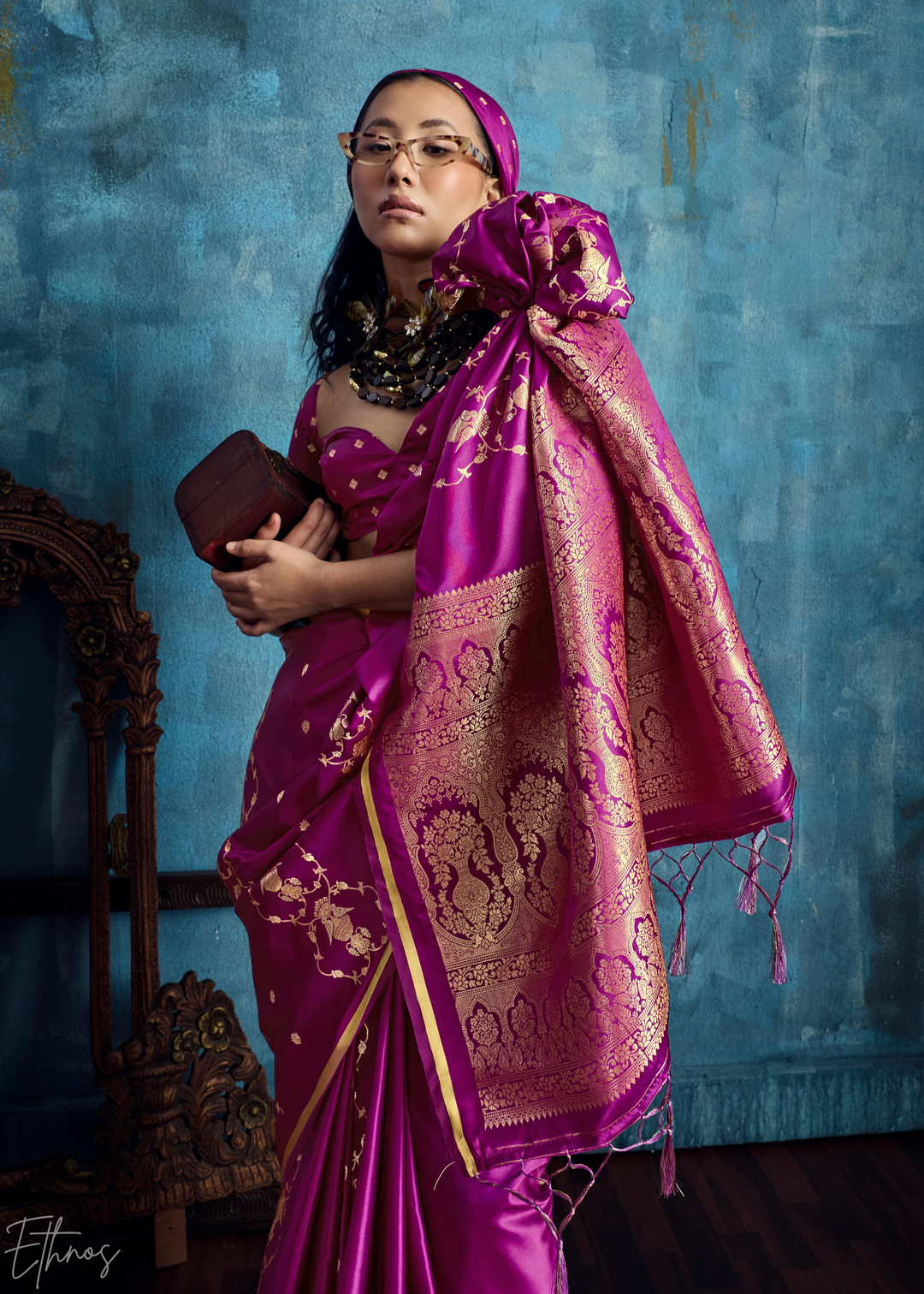 Plum Floral Brocade Satin Silk Saree