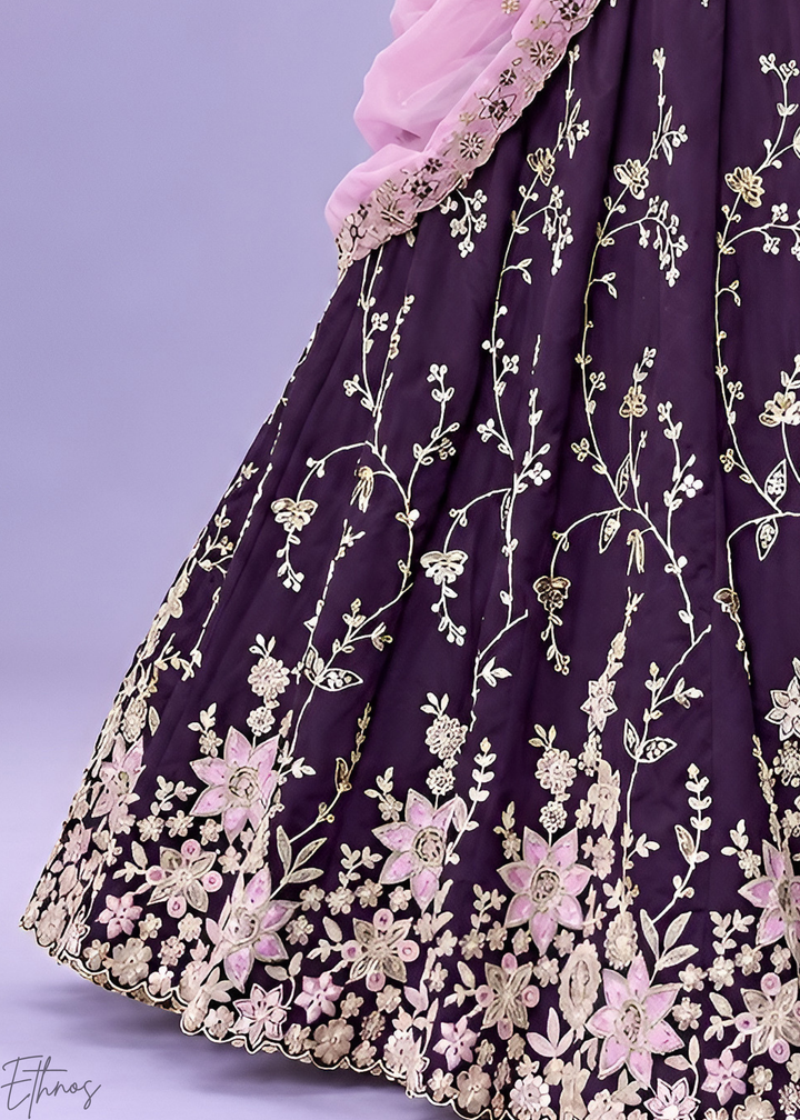 Plum Purple Foliage Medallion Rangoli Silk Lehenga Choli
