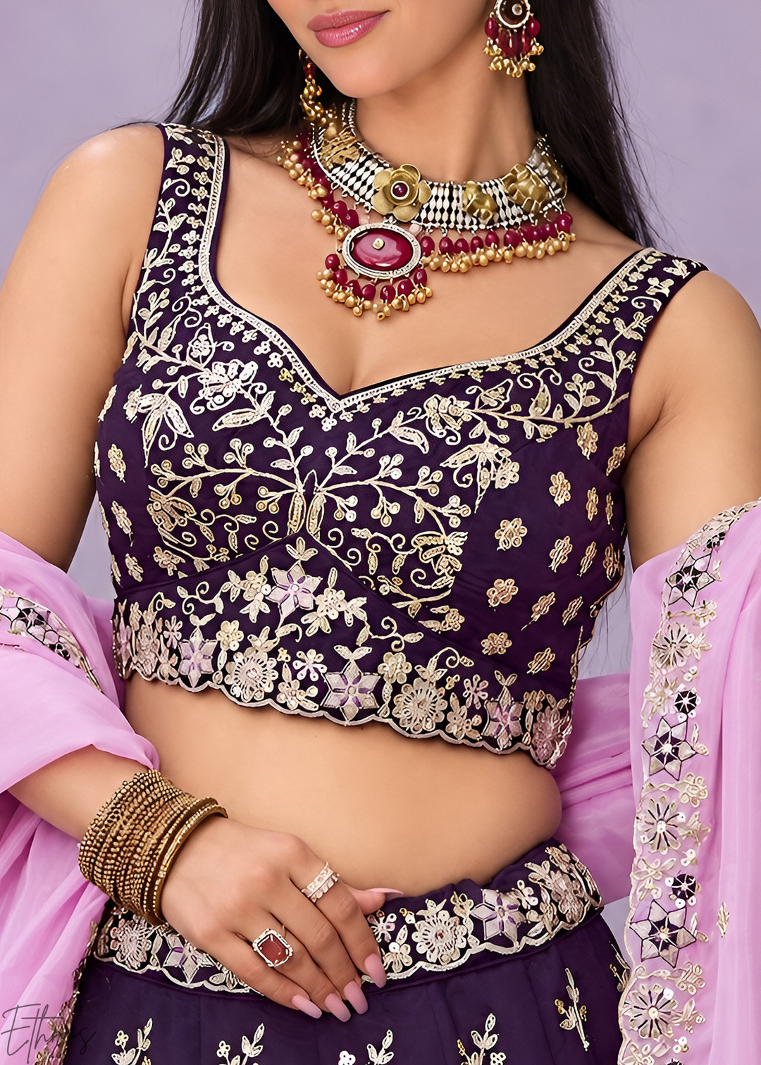 Plum Purple Foliage Medallion Rangoli Silk Lehenga Choli
