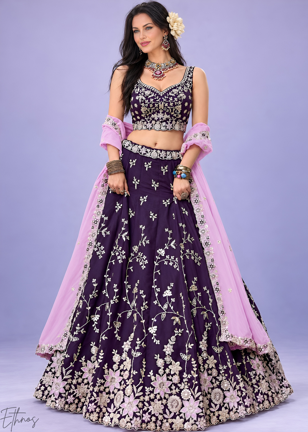 Plum Purple Foliage Medallion Rangoli Silk Lehenga Choli