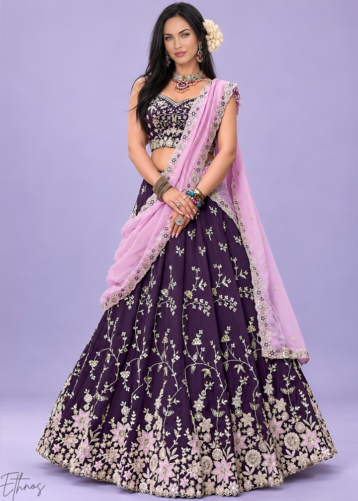 Plum Purple Foliage Medallion Rangoli Silk Lehenga Choli
